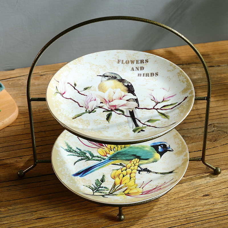 American country multi-layer fruit plate living room creative home three-layer ceramic dried fruit plate cake snack plate ornaments