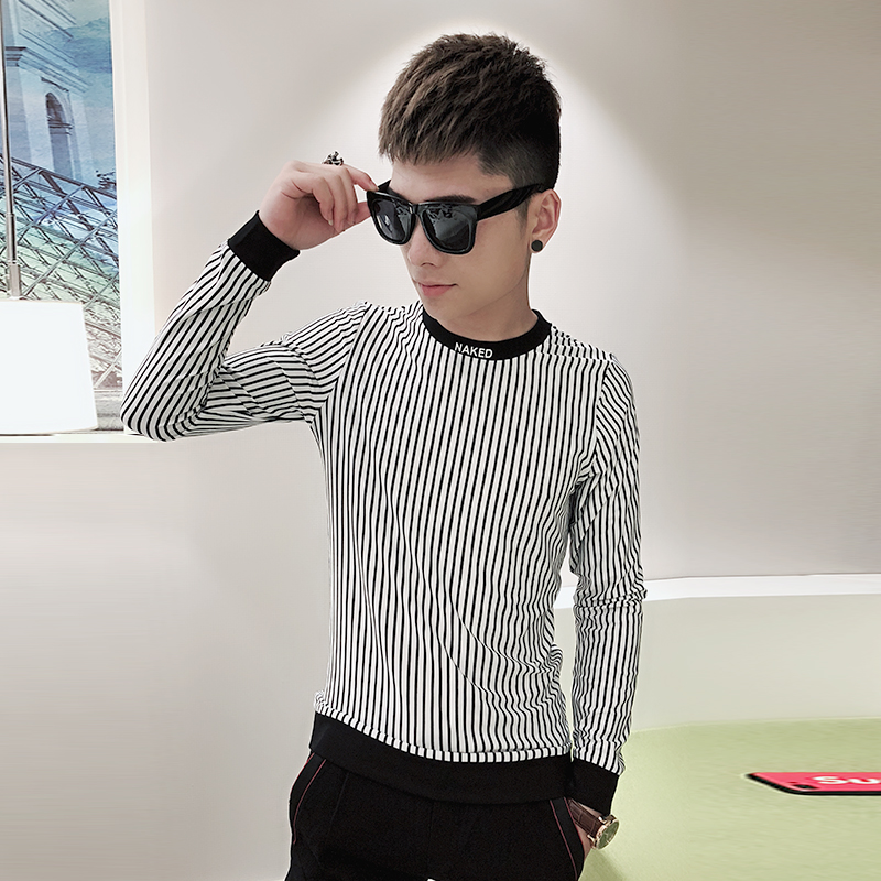 Spiritual guy long-sleeved striped T-shirt male social youth Korean version of the trend personality bottoming shirt boys T-shirt top