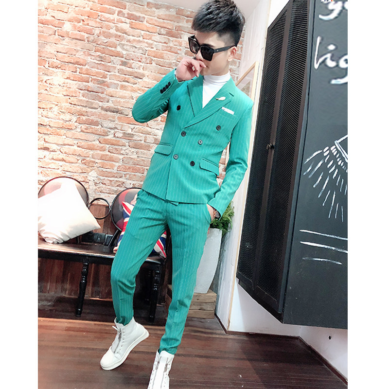 Net red with the same suit College style small suit men's double breasted striped handsome slim suit suit new tooling men