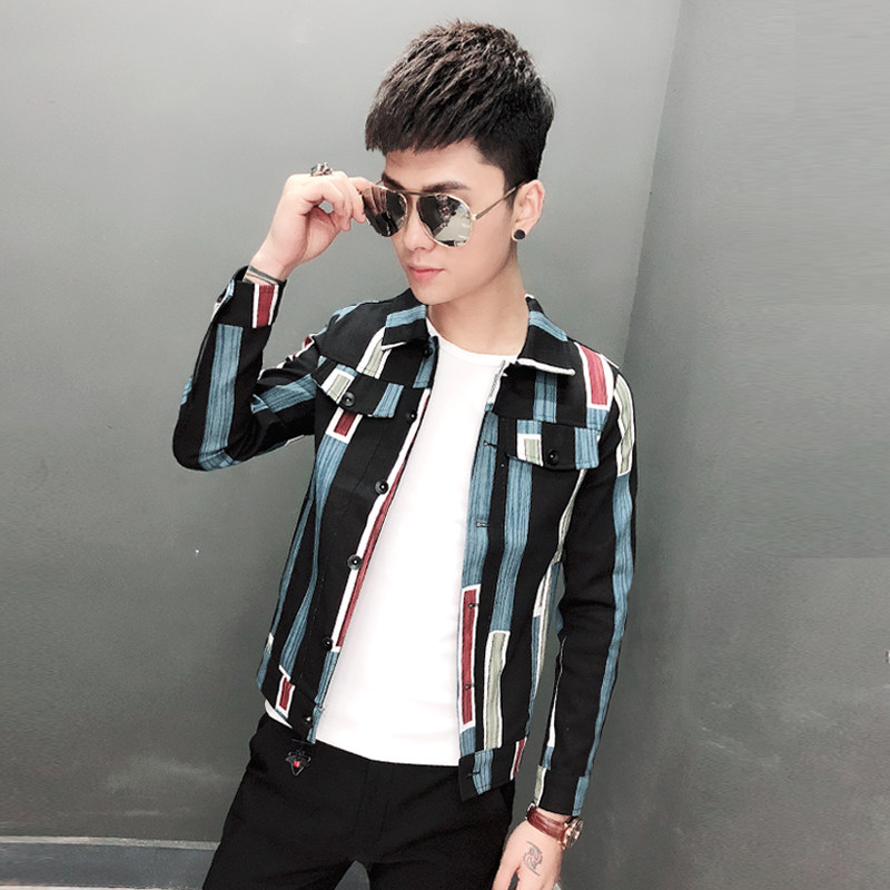 Spiritful young man thin jacket jacket men's new social youth hipster men slim fit plaid striped jeans new style