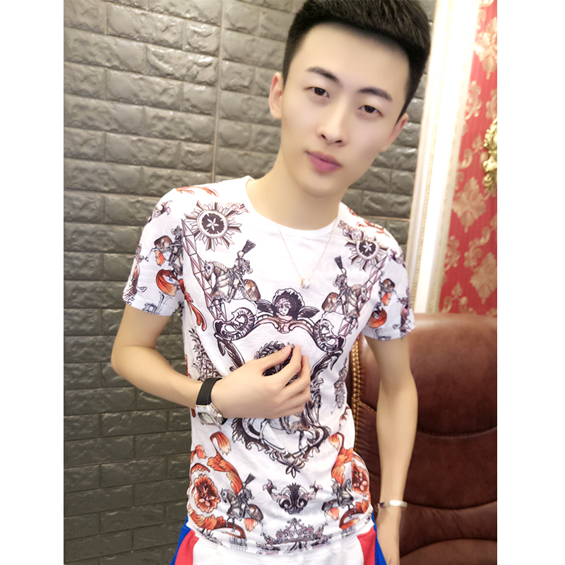 Summer new men's ice silk short sleeve T-shirt short sleeve Korean version trendy flower T spirit little guys sweatshirt fast hand red people same money