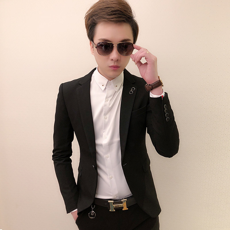 Net red with the same small suit men's fashion trend black slim suit nightclub style best man suit groomer's tooling