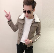 Korean slim handsome jacket mens cotton spirit guy plus velvet thickened wool collar cotton jacket youth solid color pocket jacket
