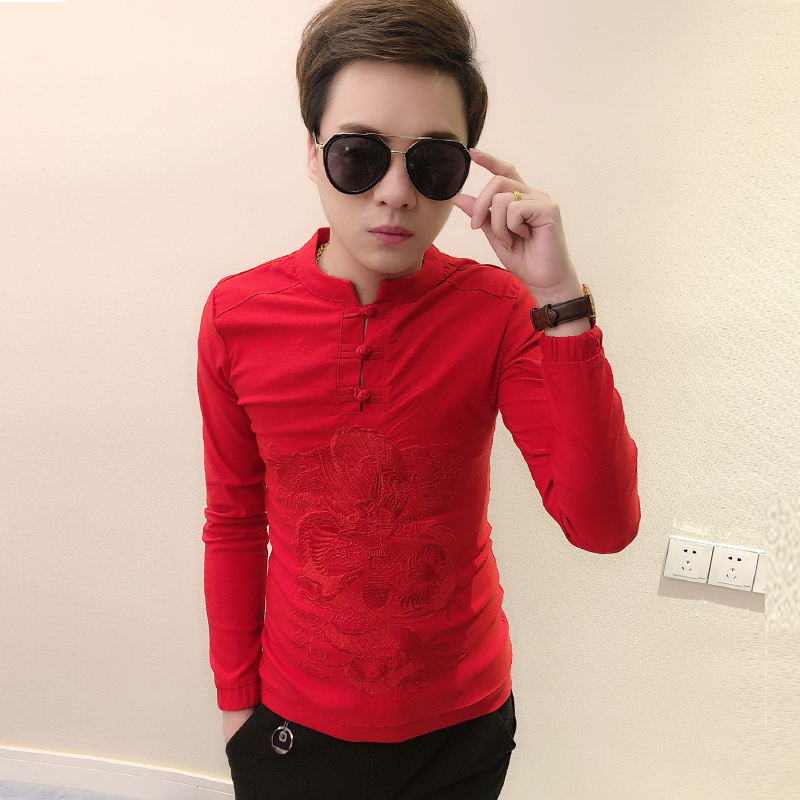 Spirit little boy Spring and autumn men's long sleeves thick cotton T social youth Korean version online red to be fit with Chinese wind blouses in a tight and handsome
