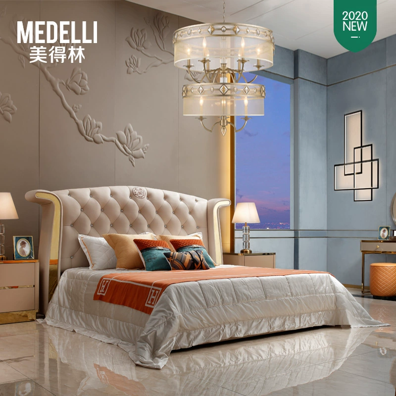 Meidelin hậu hiện đại tối giản giường da giường đôi giường lưới màu đỏ giường công chúa ánh sáng sang trọng Bắc Âu Phòng ngủ chính đồ nội thất bằng gỗ rắn A8 - Giường