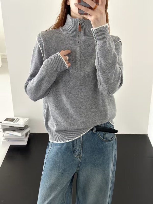 2025 Autumn and Winter New Style Half-Zip Lapel Knit Sweater for Women with Contrasting Color Stitching Polo Collar Short Top 2025 Autumn and Winter New Style Half-Zip Lapel Knit Sweater for Women with Contrasting Color Stitching Polo Collar Short Top