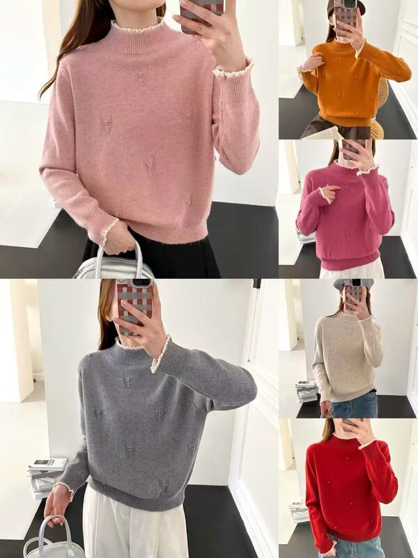 2025 New Lace Collar Half-High Collar Autumn and Winter Women's Fleece-Lined Thick Sweater Loose Knit Stylish Base Shirt
