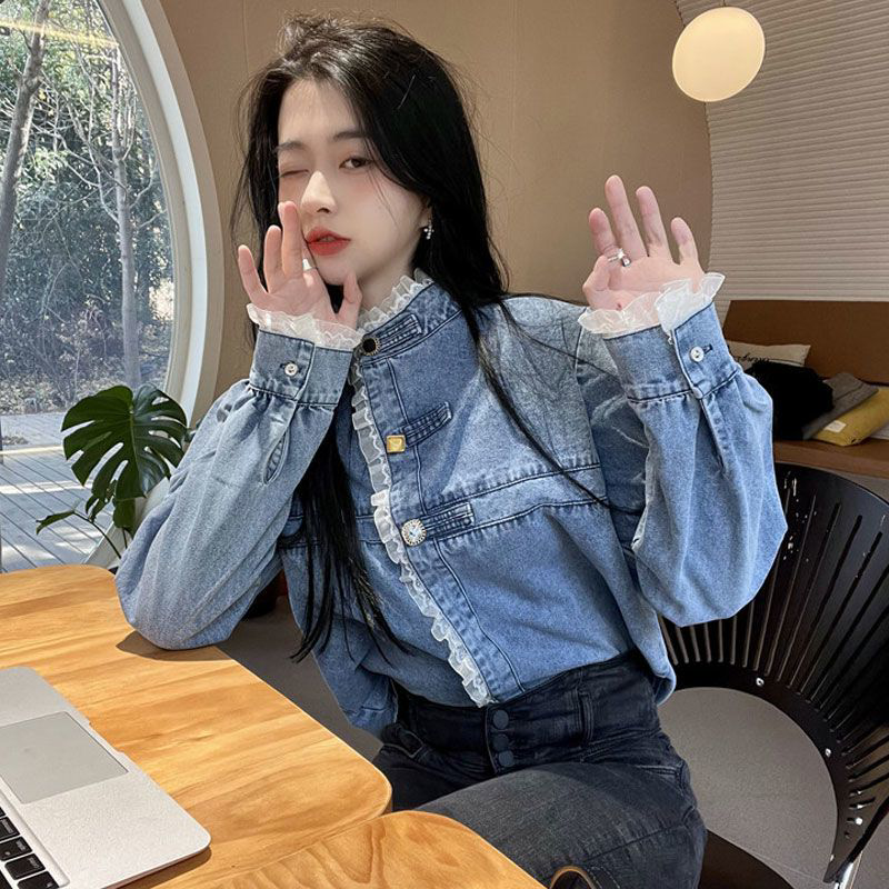 Plus-Size Lace-Trimmed Denim Shirt for Women, Loose Fit, Spring and Autumn Design, Vintage Short Jacket, High-End Top