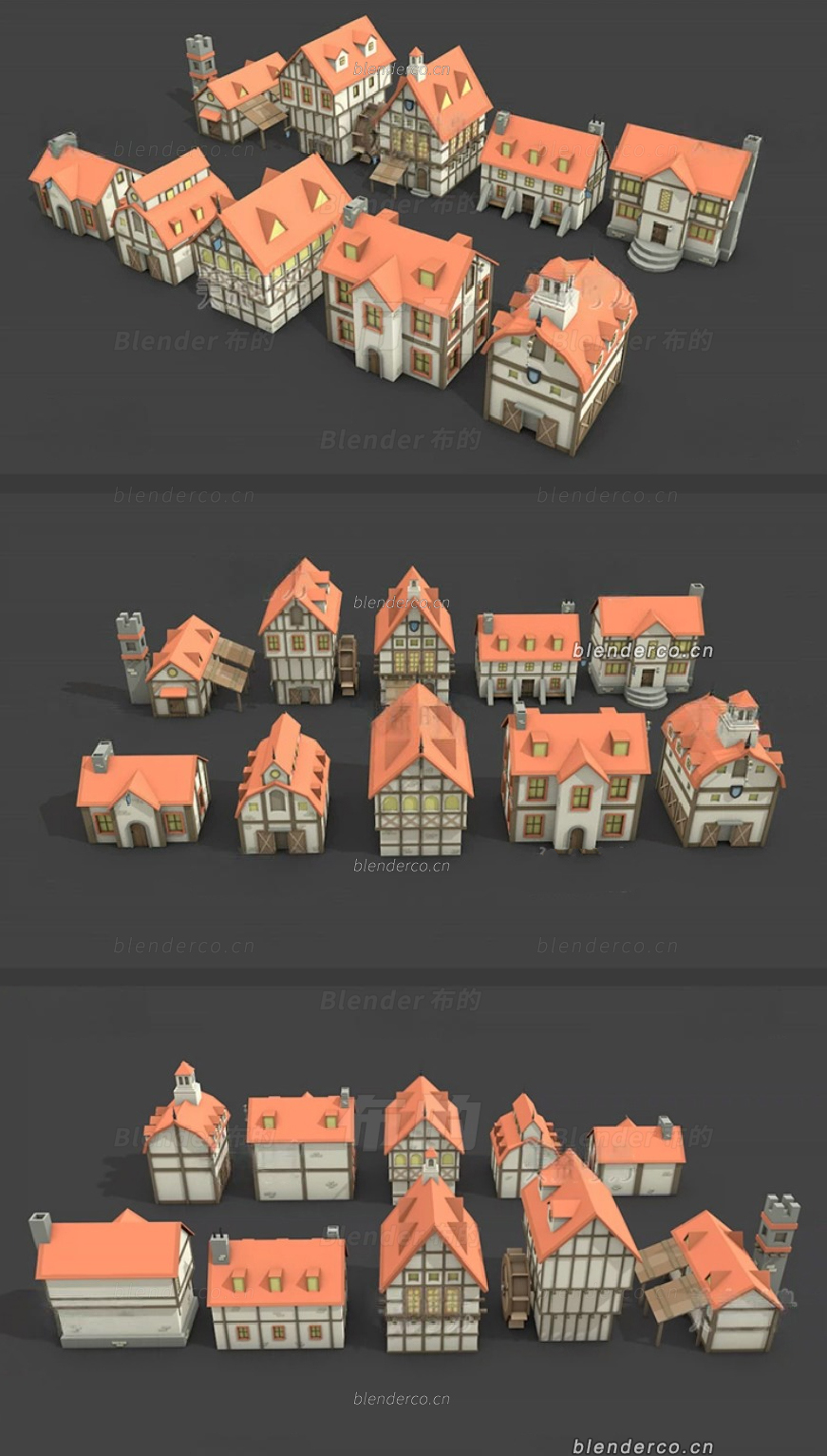 10个低面小房子卡通房屋建筑3D模型c4d/fbx/obj/3ds格式素材