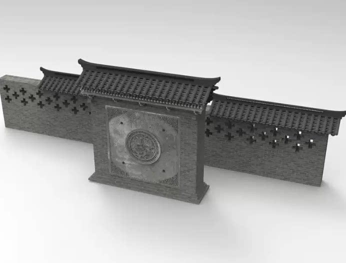 C4D FBX STL OBJ SU中式建筑景观墙围墙砖墙屋檐牌坊三维模型