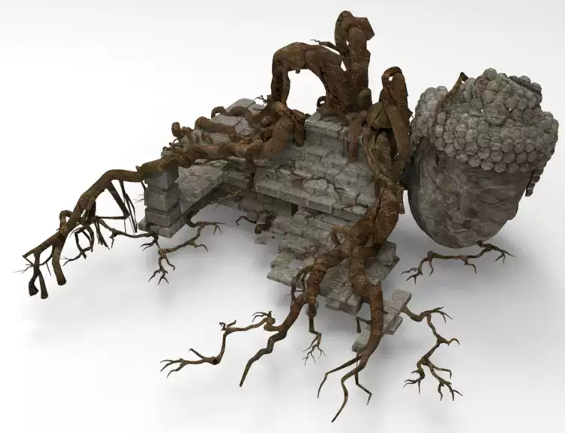 C4D FBX STL OBJ SU破碎佛像佛头树根树干石块砖石三维3D模型