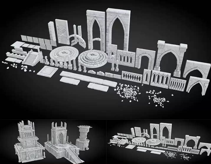 C4D FBX OBJ Blend中世纪欧洲建筑宫殿破旧建筑遗址废墟三维模型