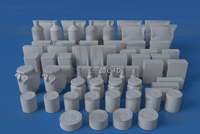 一酷C4D 食品包装盒罐头瓶子袋子3D模型素材