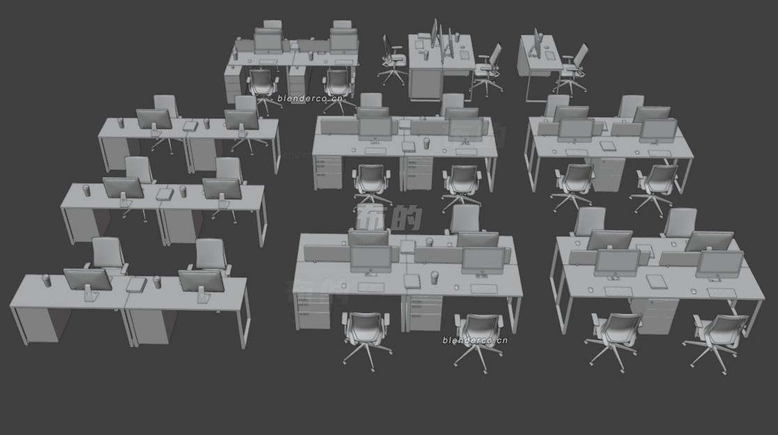 2套blender办公室电脑工位桌椅套装3D模型素材