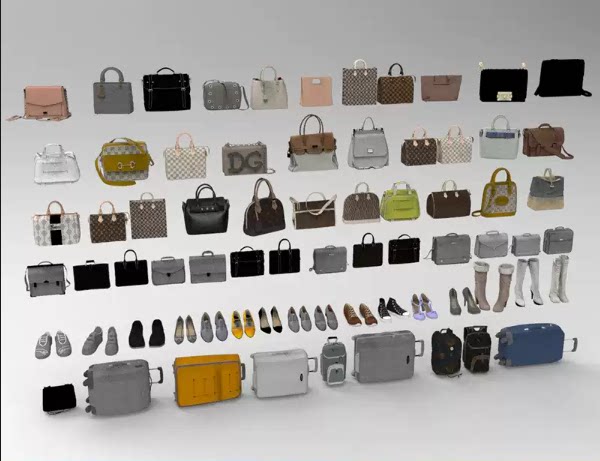 C4D FBX STL OBJ SU手提包行李箱挎包长靴休闲鞋高跟鞋书包3D模型