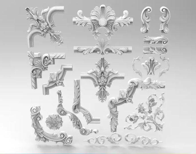C4D FBX STL OBJ SU欧式石膏装饰转角复古雕花画框花纹三维3D模型