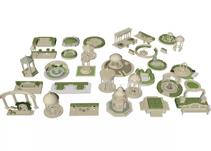C4D FBX STL OBJ SU欧式庭院建筑园林亭子花园廊架座椅三维3D模型
