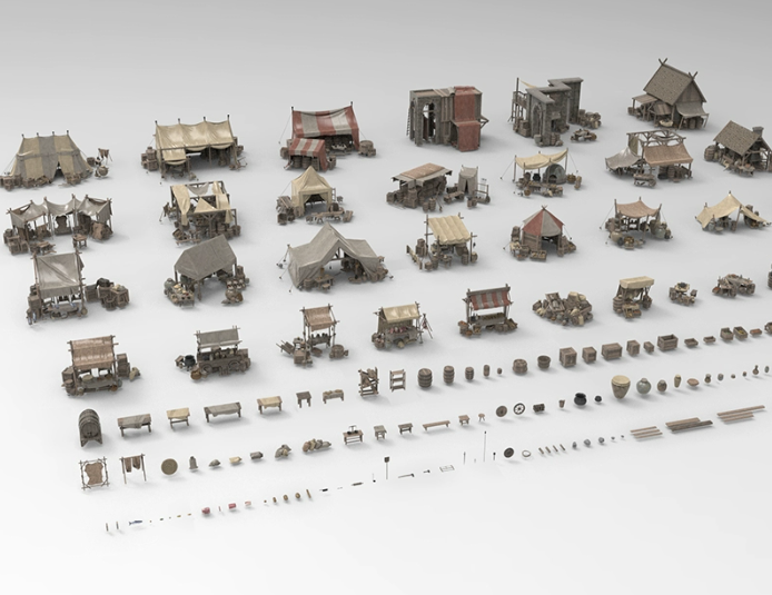 C4D中世纪风格市集FBX帐篷OBJ简易木屋Blender摊位木桶推车3D素材