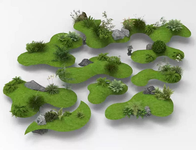 C4D FBX STL OBJ SU中式庭院景观植物植被石头地灯三维3D模型素材