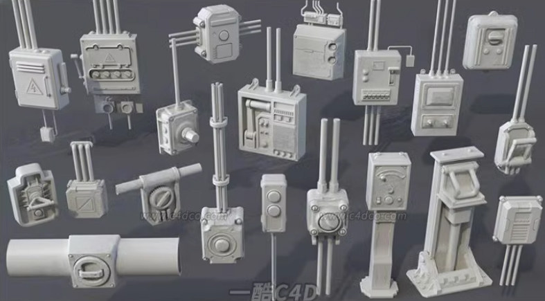 一酷C4D 工厂开关电盒设施部件3D模型blender素材