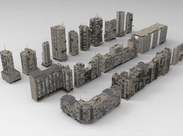 C4D现代香港风格建筑FBX楼房OBJ复古城市Blender高楼Maya