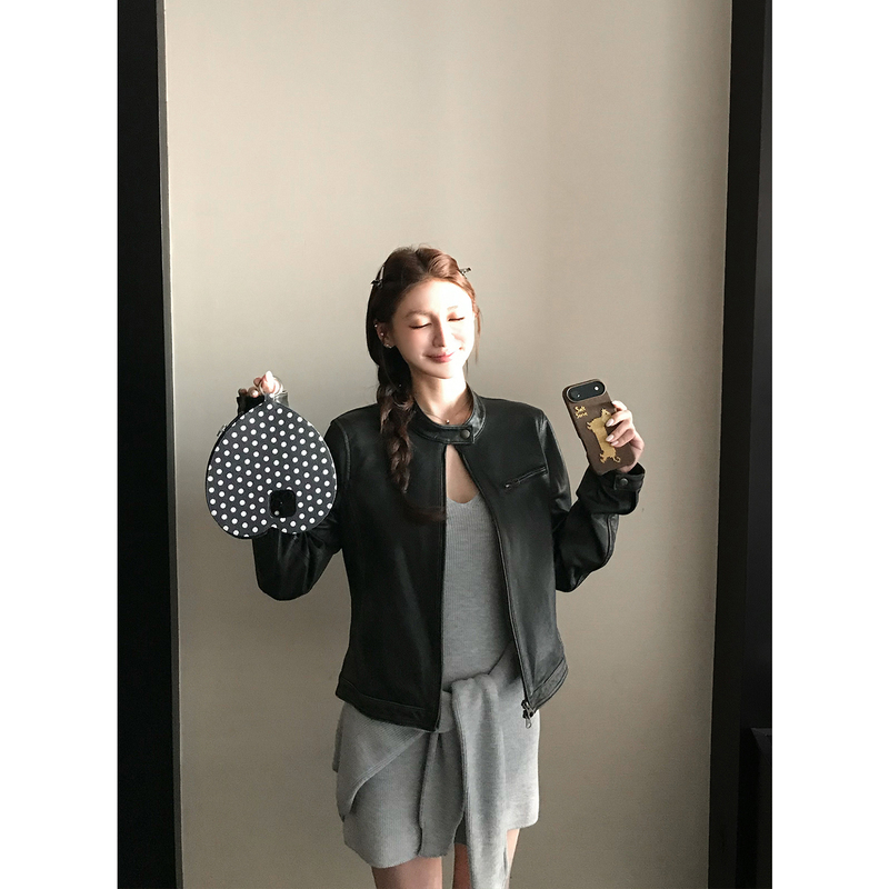 Dark Dancer Luxury Imported Sheepskin Black Leather Jacket, Vintage Crafted Short Round-Neck Silhouette Jacket