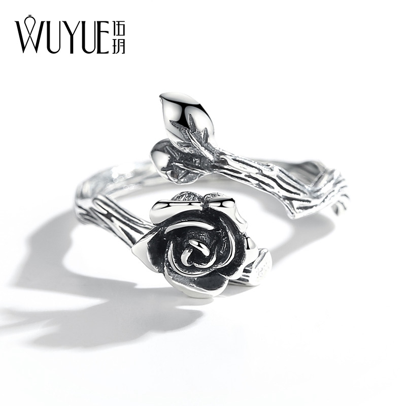 Pure silver opening with thorns, rose ring female male to ring retro little crowdsourced design vegetarian ring forefinger lovers rose
