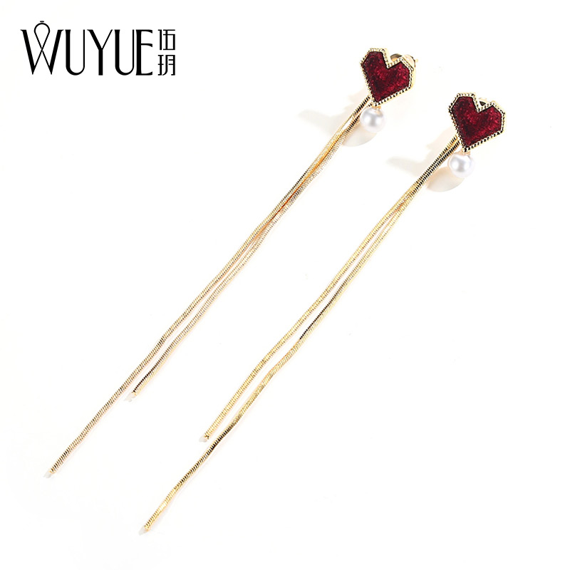 Red Loving Earrings Woman Pearl Temperamental suetropin Long Edition High Sensation Ear Accessories 2021 New Chaodella