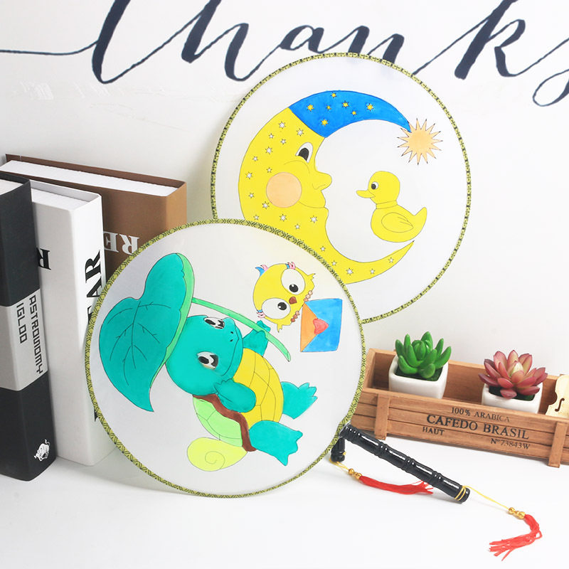 Children's graffiti Painted Fan Young Teaching Diy Painting Round Palace Fan Cartoon Pink Ensemble Fan Graffiti Painting