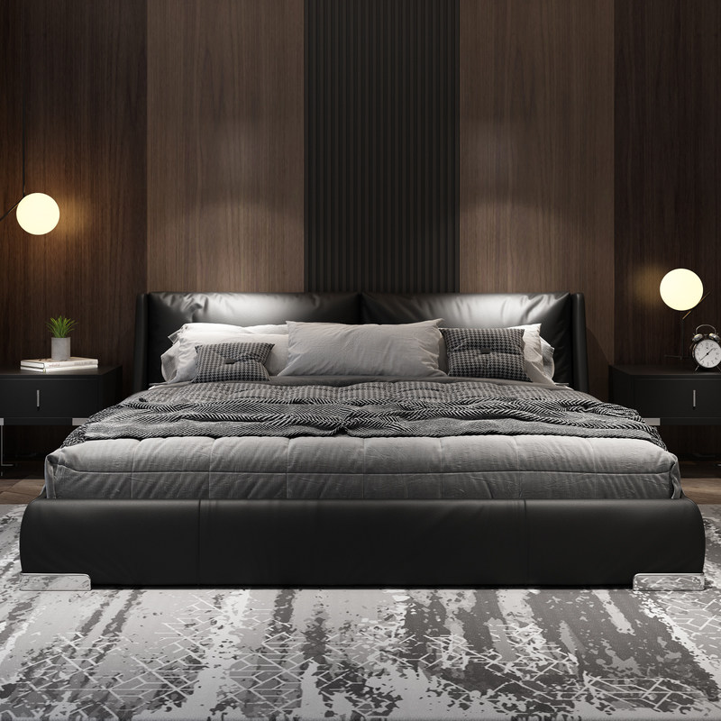 Modern light luxury leather bed master bedroom Nordic minimalist tatami double wedding bed Italian net red bed large bed 2 meters 2 2 meters