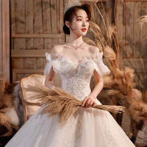 High-end shoulder light wedding dress 2021 New light luxury tailing temperament bride main yarn Super fairy wedding simple atmosphere