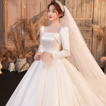 French satin long sleeve main wedding dress 2021 new bride temperament tailing simple atmospheric silk satin thick arm female