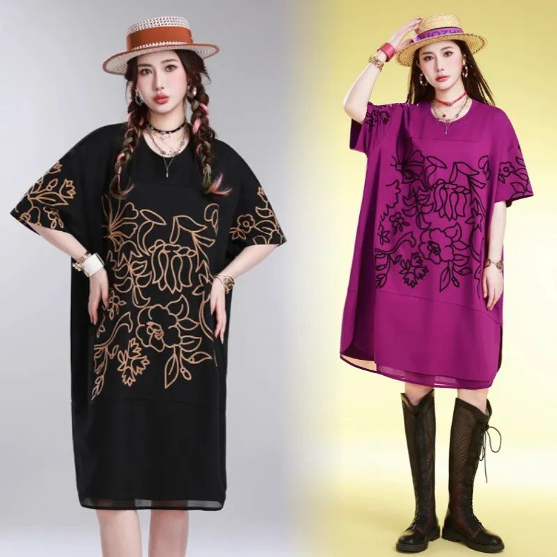 2026 Plus Size Stonefish Summer Women's New Loose Fit Round Neck Short Sleeve Casual Mid-Length Slimming Dress
