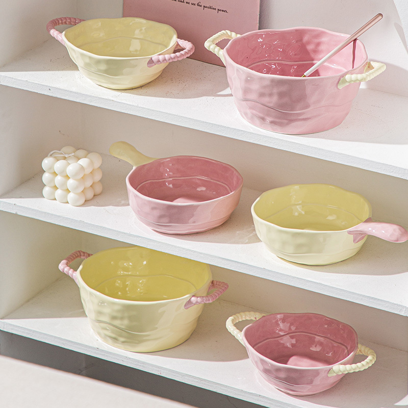 Double-Eared Ceramic Soup Bowl with Handle for Home Use, Baking Bowl, Salad and Fruit Bowl, ins Soup Bowls, Special for Air Fryer