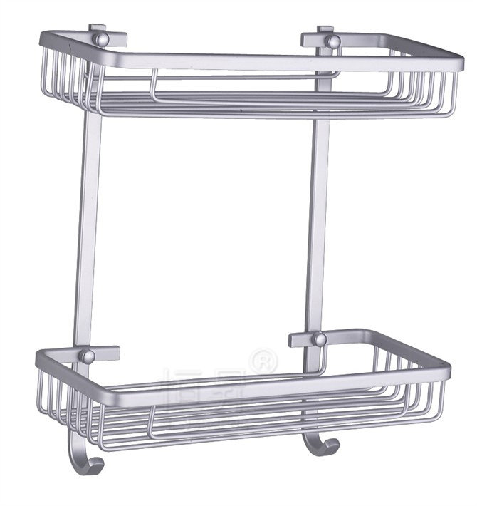 Hengsheng cleaning appliances special space aluminum shelf Rectangular solid double layer bathroom shelf with hook mesh basket