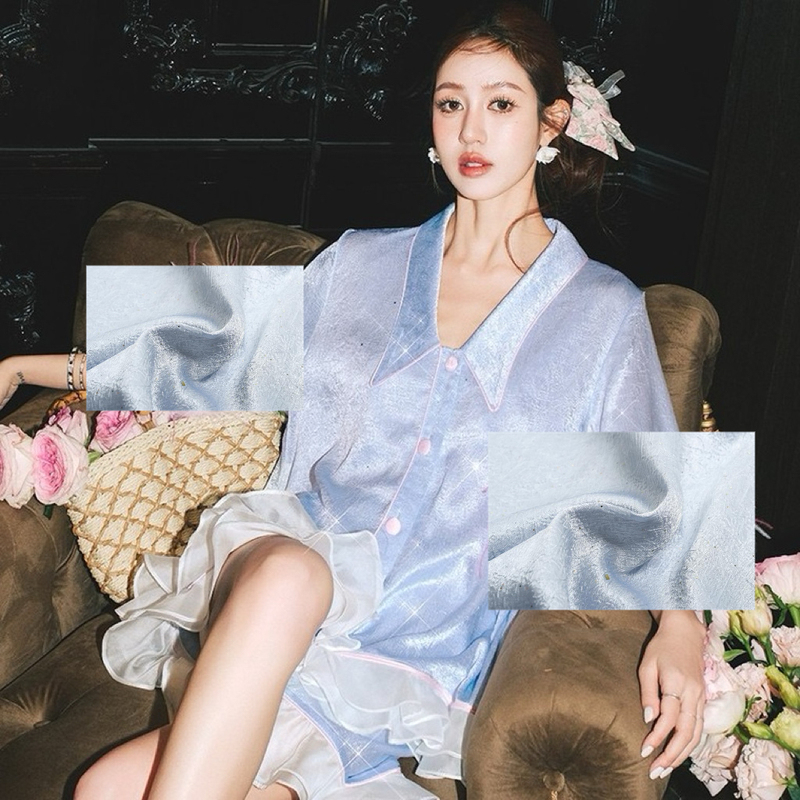 Gradient Ostrich Feather Detachable Chest Pad Pajamas Two-Piece Set Imitation Silk Ice Silk Loungewear Satin Suit Summer
