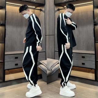 秋季男士潮牌拼接设计感条纹休闲运动套装情侣同款卫衣卫裤两件套