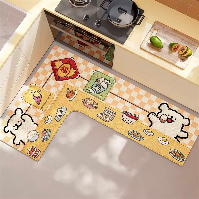 Cartoon L-shaped kitchen special floor mat diatom mud absorbs water and oil, non-slip, anti-oil, dirt-resistant and easy-care foot mat