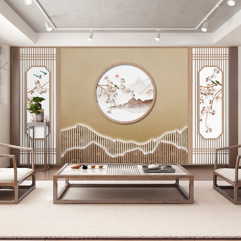 3D new Chinese garden wallpaper ancient style decoration flowers birds Zen background wall living room Chinese style landscape tea room wallpaper