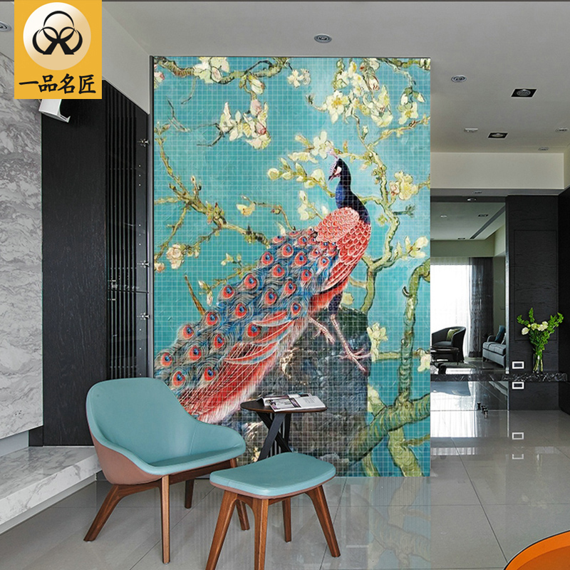 Peacock Spray-painted Mosaic Background Wall Custom Tile Puzzle Wall Applique modern minimalist Living room Waterproof Chinese mural
