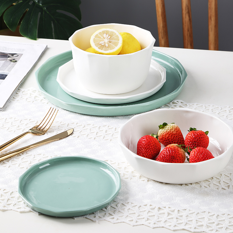 Nordic matte enrolled porcelain tableware creative combination green dishes contracted household jobs small bowl round plate