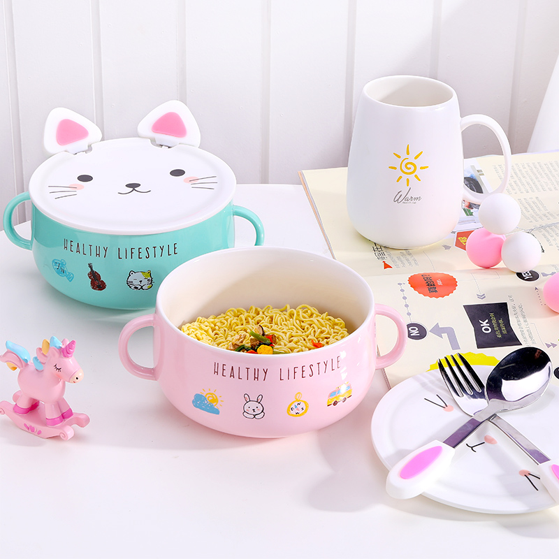 Creative lovely ceramic bowl of soup bowl with cover dormitory instant noodles bowl chopsticks household size suit students eat bowl dishes