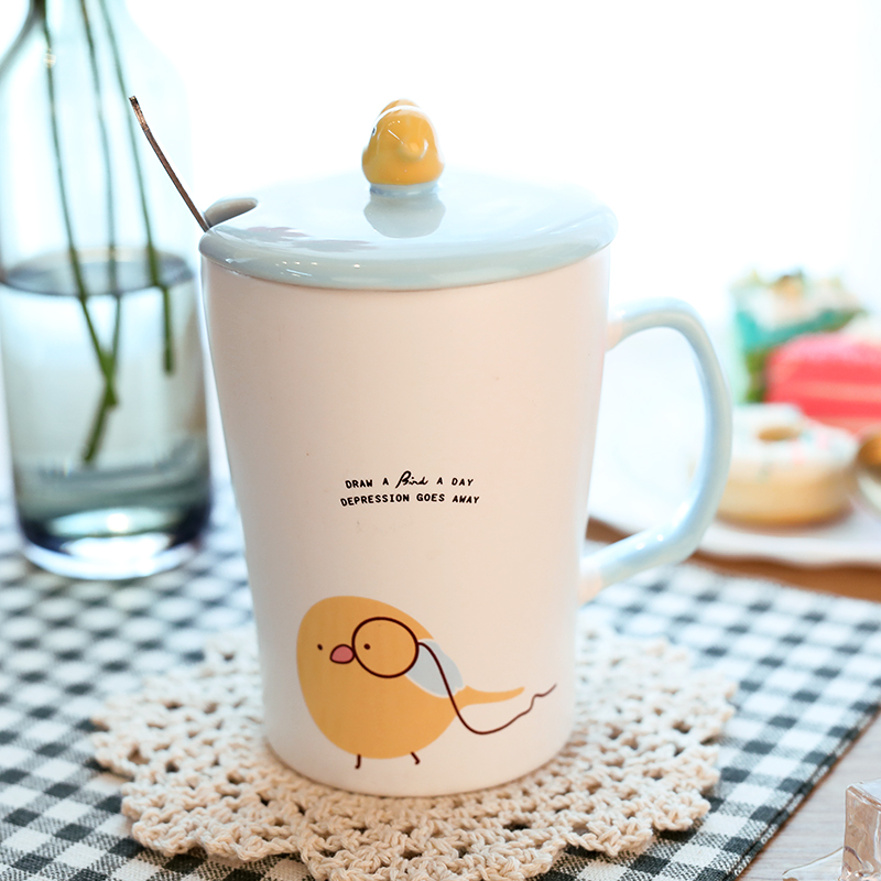 Creative move with cover glass ceramic keller spoon trend small and pure and fresh glass coffee cup men 's and women' s cup