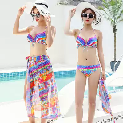 Swimsuit women's bikini three-piece set small breasts gather sexy three-point big breasts lace triangle ins style swimsuit Korean