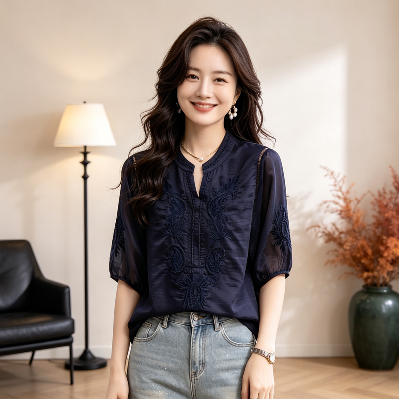 National Style Embroidered Mulberry Silk Shirt for Women, 2026 New Design, Lace Blouse, Elegant V-Neck Silk Top
