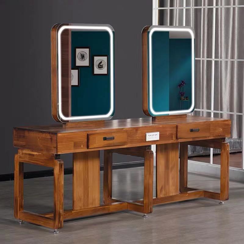 Retro Solid Wood Beauty Hair Shop Mirror Desk Hair Salon Special Hairdresseshop Mirror Bronzing Cabinet Integrated Double-sided Led with lamp