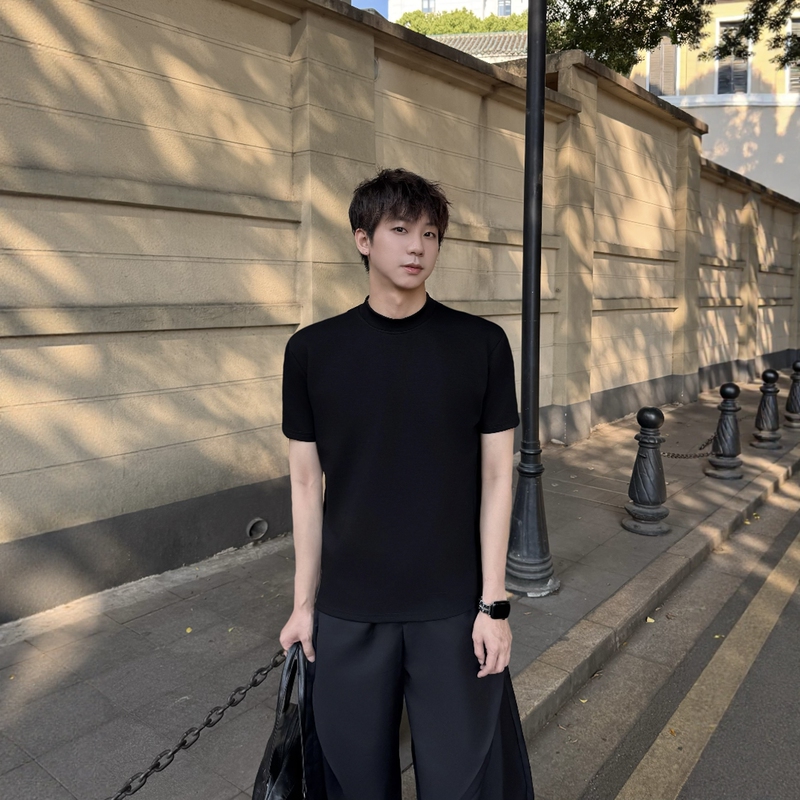 Jackson Wang Style Solid Color Basic Shoulder Pad Short-Sleeve T-Shirt for Men, Summer Cleanfit Slim Fit Top