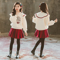 Girls autumn and winter dress 2021 new childrens clothing womens coat warm children plus velvet thick sweater two-piece set