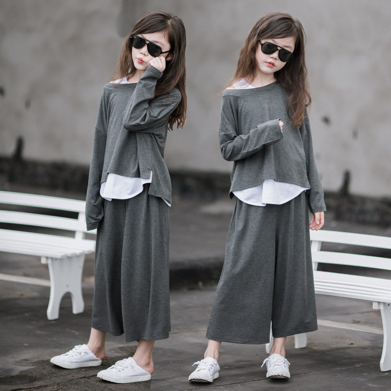 Girl Spring Dress Suit Foreign Pie 2021 New Internet Red Three Style Children Dress CUHK Girl Spring Autumn T-Shirt Broadlegged Pants