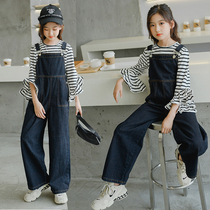 Girls cowboy pants Net red autumn clothes 2020 new girls childrens clothing conjoined pants big girls wide leg pants